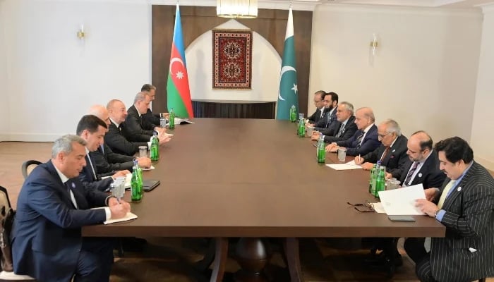 Prime Minister Muhammad Shehbaz Sharif in a meeting with Azerbaijan President Ilham Aliyev on the sidelines of 17th ECO Summit being held in Khankendi, Azerbaijan, on July 4, 2025. — Facebook/@GovtofPakistan