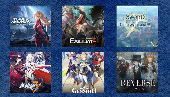 An undated image of Town of Fantasy, Girls Frontline 2: Exilium, Sword of Convallaria, Honkai Impact 3rd, Reverse: 1999, and Wuthering Waves posters. — Steam/Canva