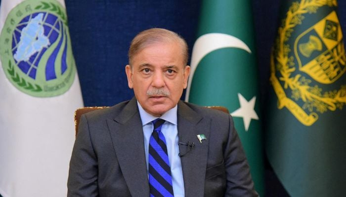 Pakistans Prime Minister Shehbaz Sharif addresses the 23rd SCO Summit, hosted virtually by India, from Islamabad on July 4, 2023. — Reuters