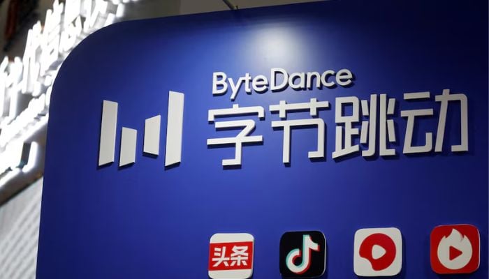 The ByteDance logo is displayed at its booth during a media tour in Beijing, China, February 10, 2022. — Reuters