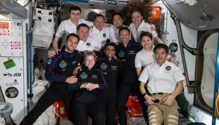 Occupants of ISS on July 11, 2025, the Ax-4 crew are in blue flight suits. — NASA