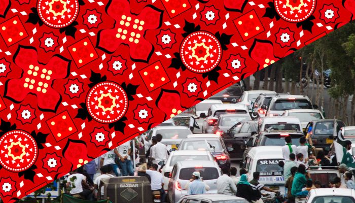 An undated image of ajrak print and traffic. — Canva