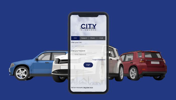 An undated image of cars in the background and the iCity app interface infront. — Google PlayStore/Canva