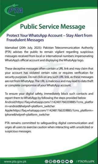 PTA warns against WhatsApp hackers targeting private data