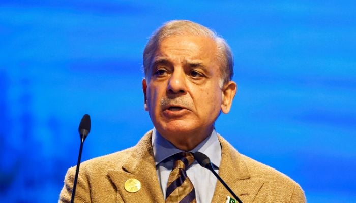akistans Prime Minister Shehbaz Sharif speaks during the COP27 climate summit in Sharm el-Sheikh, Egypt, on November 8, 2022.— Reuters
