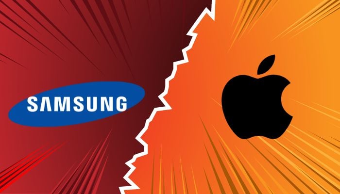 An undated image of Samsung and Apple logo. —Samsung/Apple/Canva