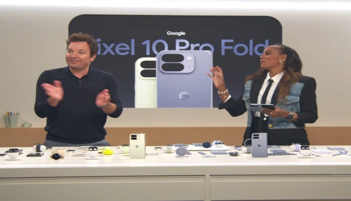 The image, taken on August 20, 2025, shows Pixel 10 Pro Fold being displayed on a screen. — YouTube/@Made by Google