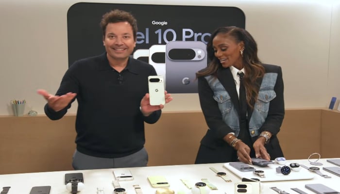 The image, taken on August 20, 2025, shows Pixel 10 Pro Fold being displayed on a screen. — YouTube/@Made by Google