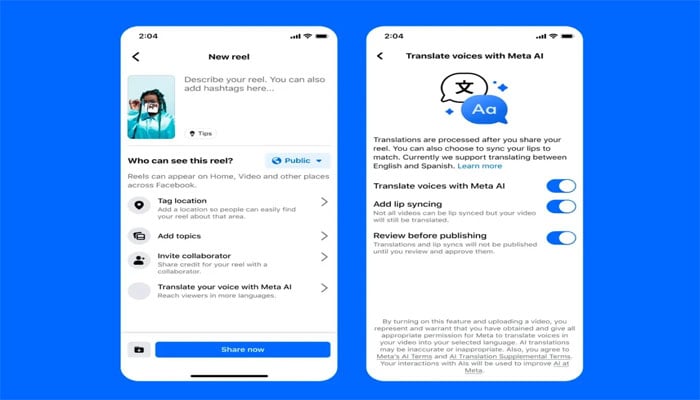 An undated image of AI-powered voice translation tool on Facebook. — Meta