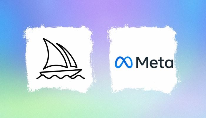 An undated image of a Midjourney and Meta logo. —Midjourney/Meta/Canva