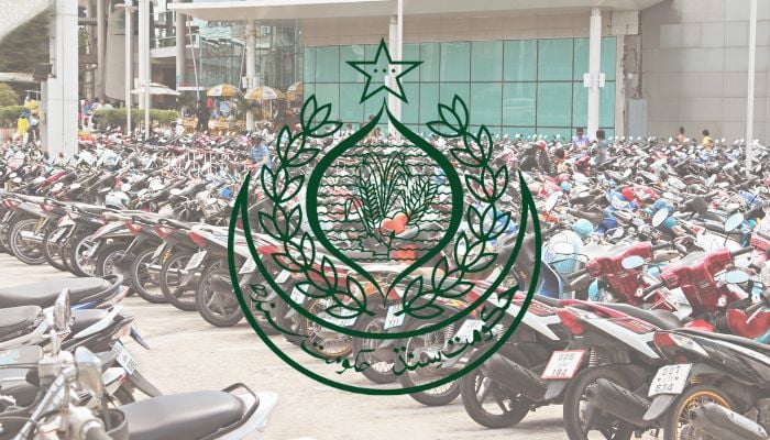 An undated image of Sindh government logo along with an image of bikes parked. — Sindh government/Canva