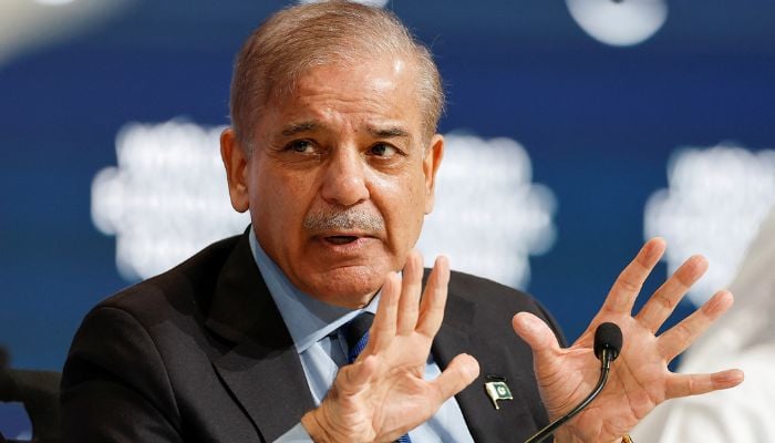 An image of Pakistan PM Shehbaz Sharif speaking at WEF in Riyadh on April 28, 2024.— Reuters