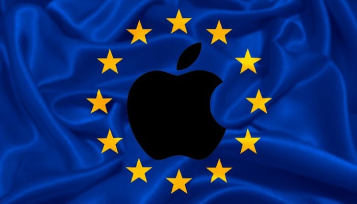 An undated image of the Apple logo with the background of the EU flag. — Apple/Canva
