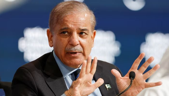An image of Pakistans Prime Minister Shehbaz Sharif speaking at the World Economic Forum (WEF) in Riyadh, Saudi Arabia on April 28, 2024.— Reuters