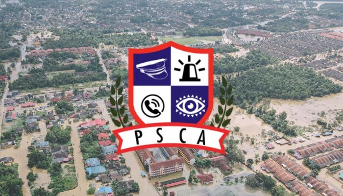 An undated image of flooded area and PSCA logo. — Google Play Store/Canva