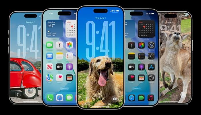An undated image displaying iOS 26 UI on iPhone screens. — Apple